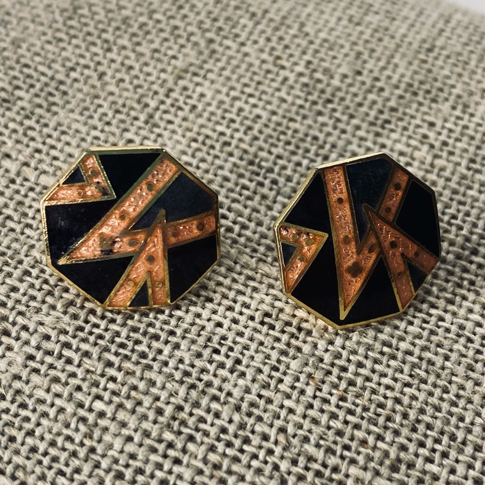 Vintage Enamel Black Coral Gold Post Stud Earrings